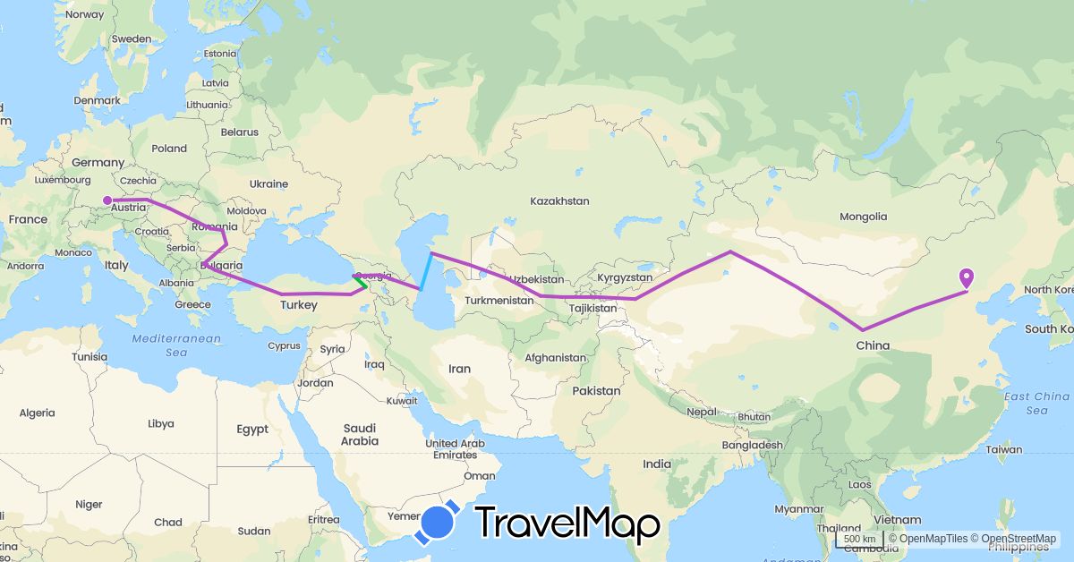 TravelMap itinerary: driving, bus, train, boat in Austria, Azerbaijan, Bulgaria, China, Germany, Georgia, Hungary, Kazakhstan, Romania, Turkey, Uzbekistan (Asia, Europe)