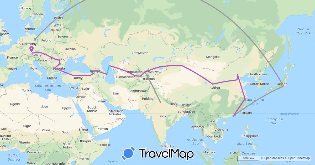 TravelMap itinerary: bus, plane, train, boat in Austria, Azerbaijan, Bulgaria, China, Germany, Georgia, Hungary, India, Japan, Kazakhstan, Romania, Turkey, Uzbekistan (Asia, Europe)