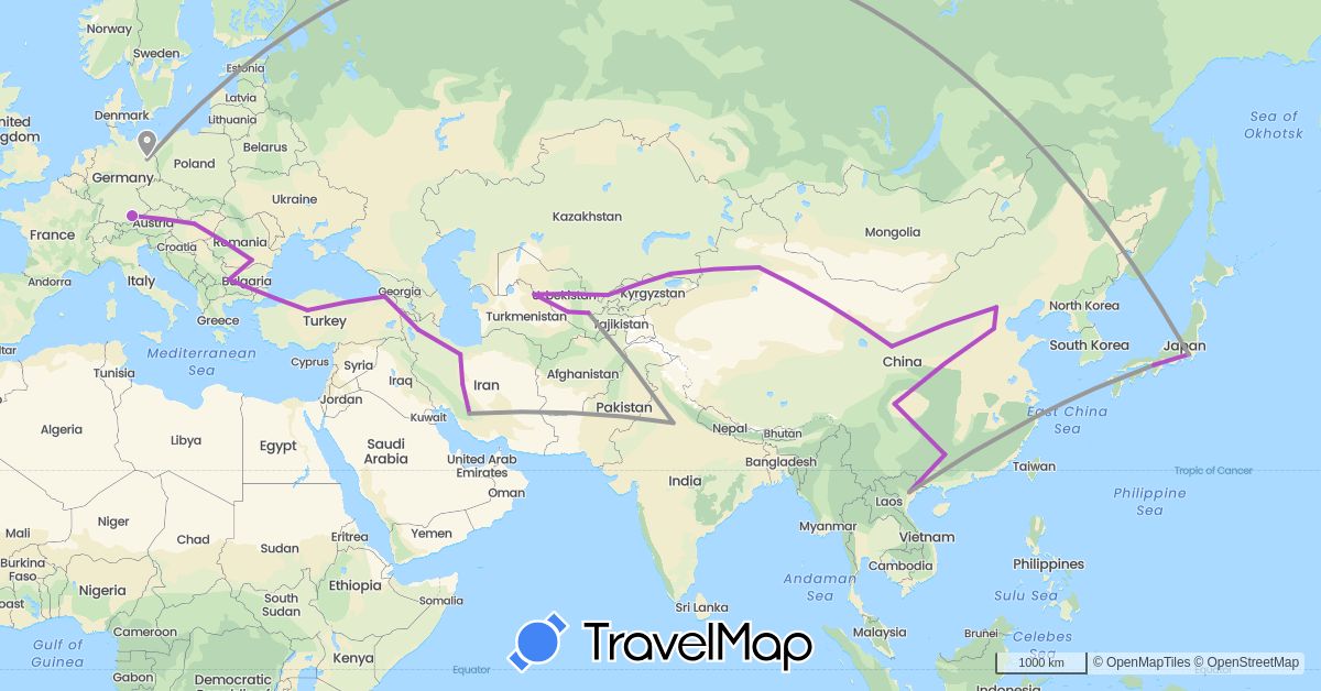 TravelMap itinerary: driving, plane, train in Bulgaria, China, Germany, Hungary, India, Iran, Japan, Kazakhstan, Romania, Turkey, Uzbekistan, Vietnam (Asia, Europe)