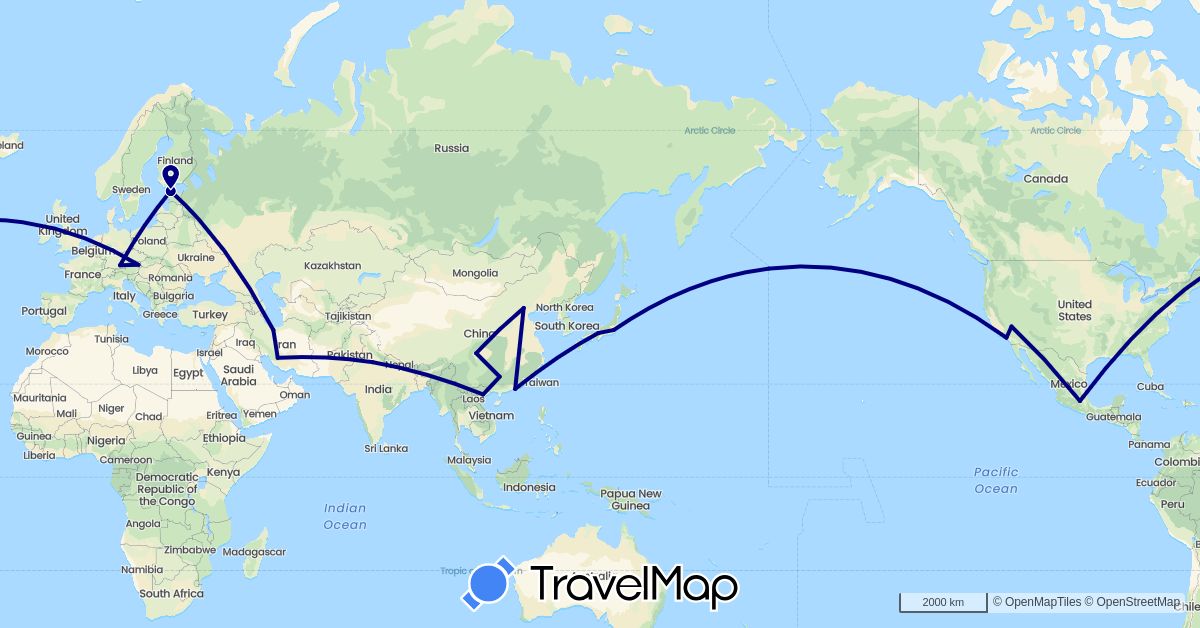 TravelMap itinerary: driving in Austria, China, Germany, Estonia, India, Iran, Japan, Mexico, United States, Vietnam (Asia, Europe, North America)