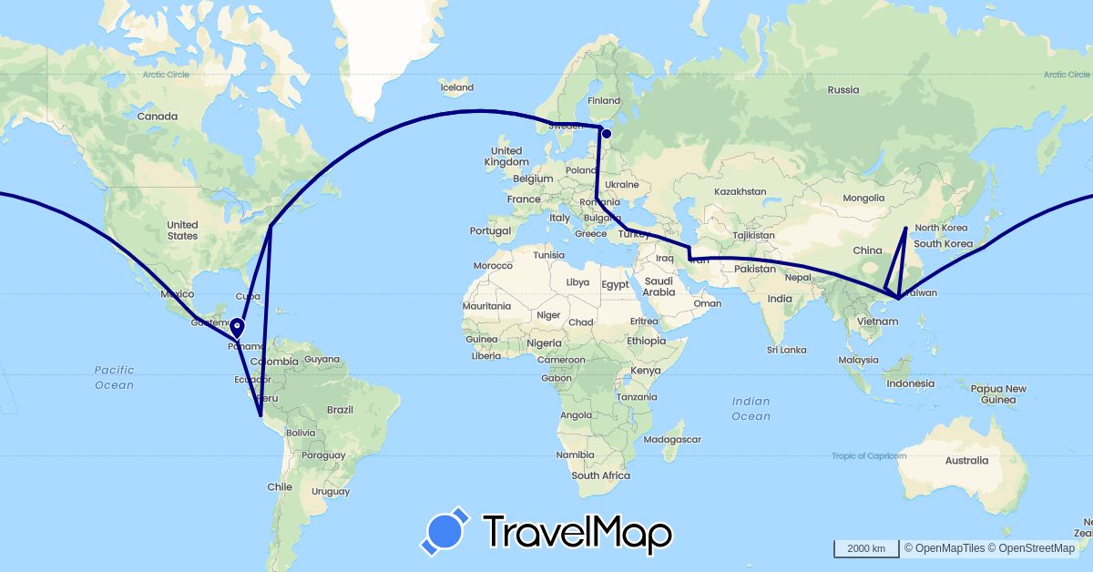 TravelMap itinerary: driving in China, Costa Rica, Estonia, India, Iran, Japan, Mexico, Norway, Peru, Romania, Turkey, United States (Asia, Europe, North America, South America)