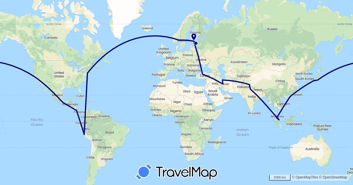 TravelMap itinerary: driving in China, Costa Rica, Estonia, India, Iran, Japan, Mexico, Malaysia, Norway, Peru, Singapore, Turkey, United States (Asia, Europe, North America, South America)