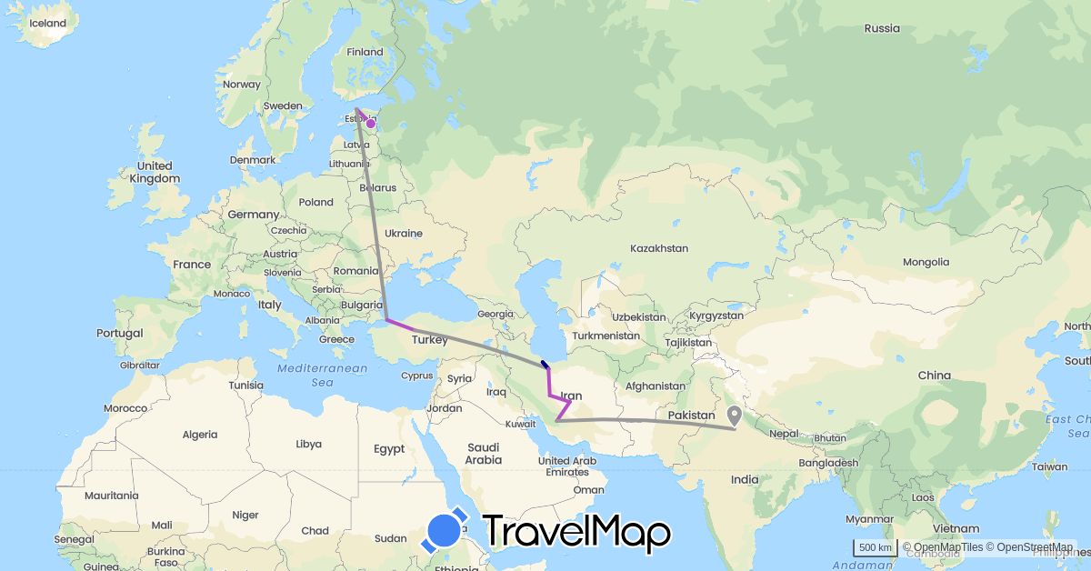 TravelMap itinerary: driving, plane, train in Estonia, India, Iran, Turkey (Asia, Europe)