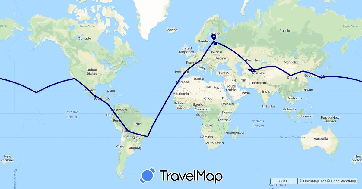 TravelMap itinerary: driving in Bolivia, Brazil, China, Costa Rica, Germany, Estonia, Spain, Japan, Kyrgyzstan, Kazakhstan, Mexico, United States, Uzbekistan (Asia, Europe, North America, South America)