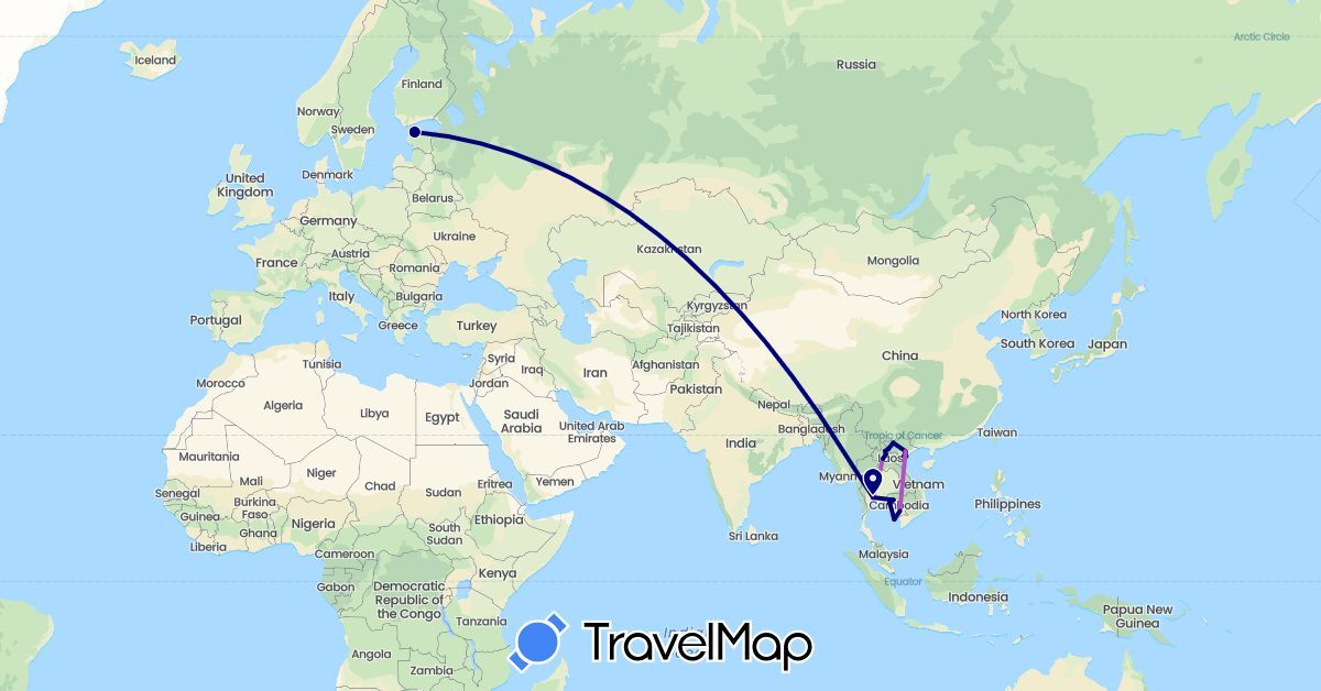 TravelMap itinerary: driving, train in Estonia, Cambodia, Laos, Thailand, Vietnam (Asia, Europe)
